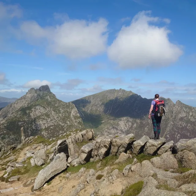 Another absolute beaut of a day on Arran  today with Ali - if anything better weather than yesterday, with lighter winds and beautiful views. 🌅⛰️🙏It's hard to choose whether I have a favourite out of the round of Glen Rosa (yesterday) or the round of Glen Sannox (today). Both have such fabulous scenery and variety of climbing, as well as the most unusual rock formations and unique scenery - it's a hard call!If anything I think Sannox just edges it. Yes Rosa has the A' Chir traverse, but Sannox has the greater "flow" in my opinion. Yes more height gain and loss and a touch more distance, but better views throughout,  progressively increasing difficulty and a real sense of having fully encircled the coire - a VERY satisfying route! 😁We tackled the ground clockwise, starting with a grade 1-2 scramble up Cioch na h-Oige, on to Mullach Buidhe (2) North Goatfell + descend it's W ridge (2), then the long descent and reascent up Cir Mhor (2-3) (strong contender for best mountain in Scotland!) down and back up Portcullis Buttress and over Caisteal Abhail via the more entertaining gritstone-esque north face (Mod), before making the technical descent down into the nick and up Ceum Caillich by Direct Route (a VERY traditional V.Diff, little travelled these days it feels; which almost guarantees a little sacrificial blood from a knee or knuckle and a humbling of the modern climber's ego! 😉)A fabulously exposed alpine-esque bold finish to the monolithic summit block gives an excellent highlight to finish the days technical adventures on.After that it was a smooth jaunt over to Suidhe Fhearghas and back down into Glen Sannox.Huge well done to Ali today. Fantastic company and craic throughout, soooo much exploring and humouring me with my geological offshoots - thank you for another utterly wonderful day. There's probably no-one I'd rather giggle my way through such old school climbing routes with! 💪😂😎👏
-
-
-
-
-
#dubhmor #dubhmoroutdoor #ami_professionals #useyourskills #lookforthelogo #learnfromexperience #learntogofurther #ahigherstandard #scrambling #climbing #corbettbothering #corbettswithaMCI #corbetteering #arran @ami_professionals @rab.equipment.uk